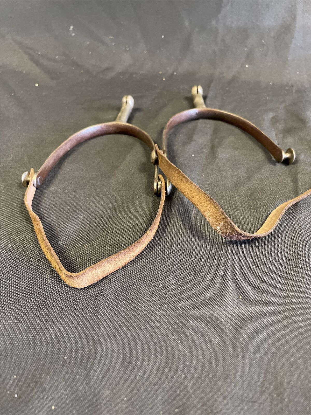 Antique Nickel Military Hunting Spurs sharp with leather straps WW1? - (8275)