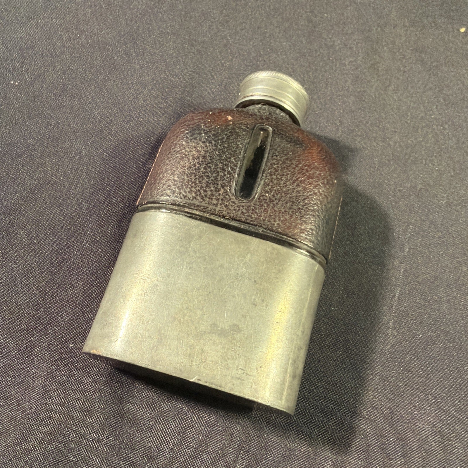 Antique WWI Hip Flask & Cup Pewter, Leather and Glass Ex Cond - (1994)