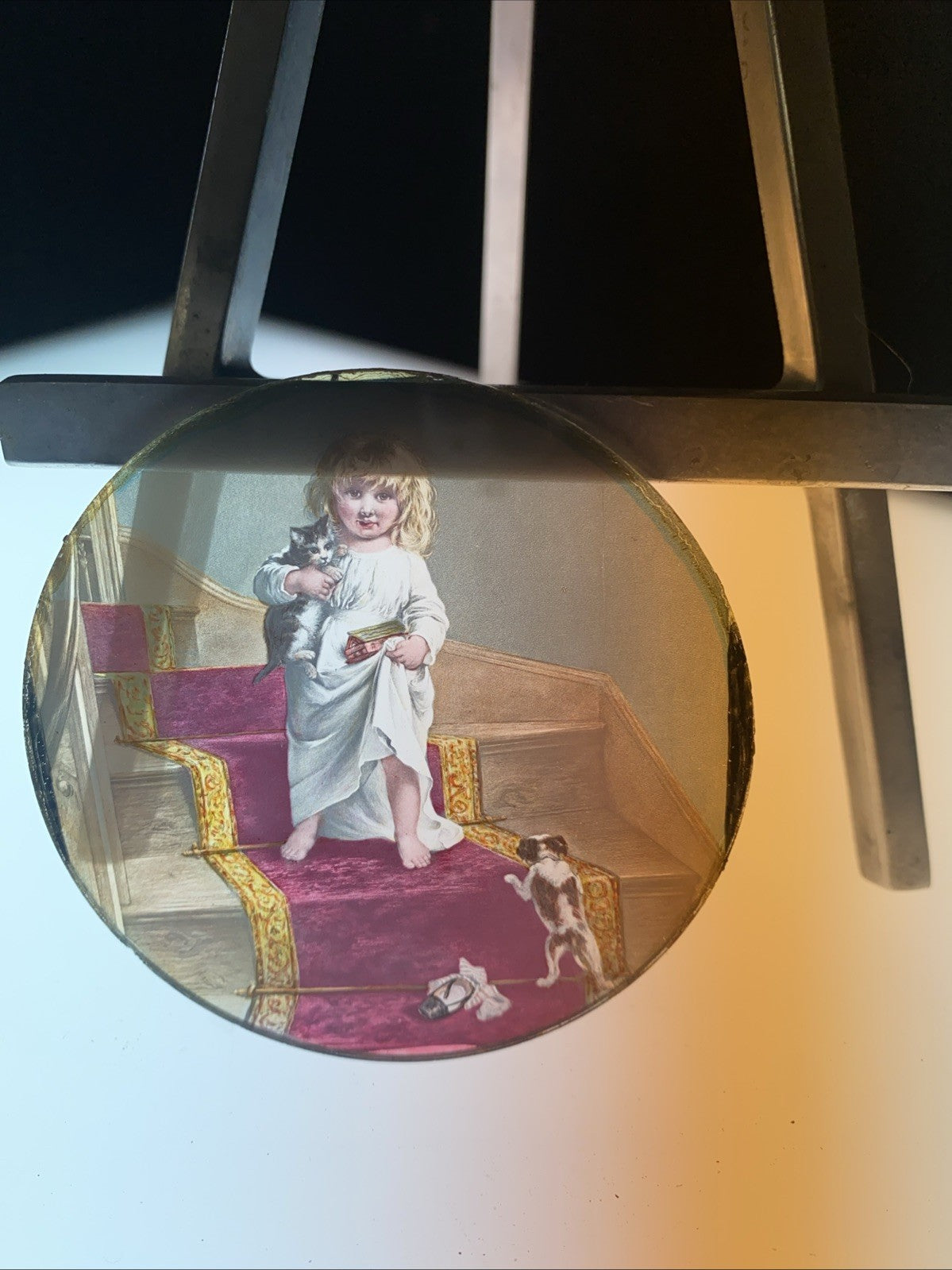 Magic Lantern Victorian Glass Round Handpainted Slide Child & Pets (1153)