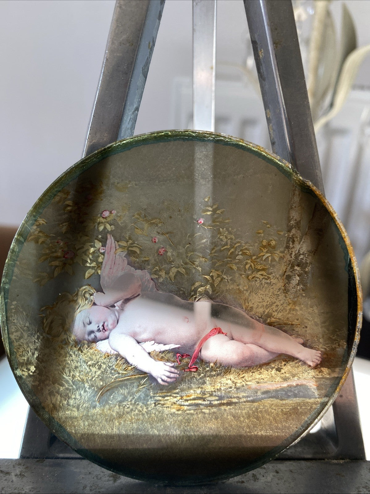 Magic Lantern Victorian Glass Round Handpainted Slide Sleeping Cherub (1134)