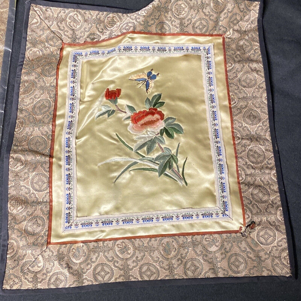 Vintage Chinese Satin Embroidered Panel 30cm x 26cm x 2 - (8953)