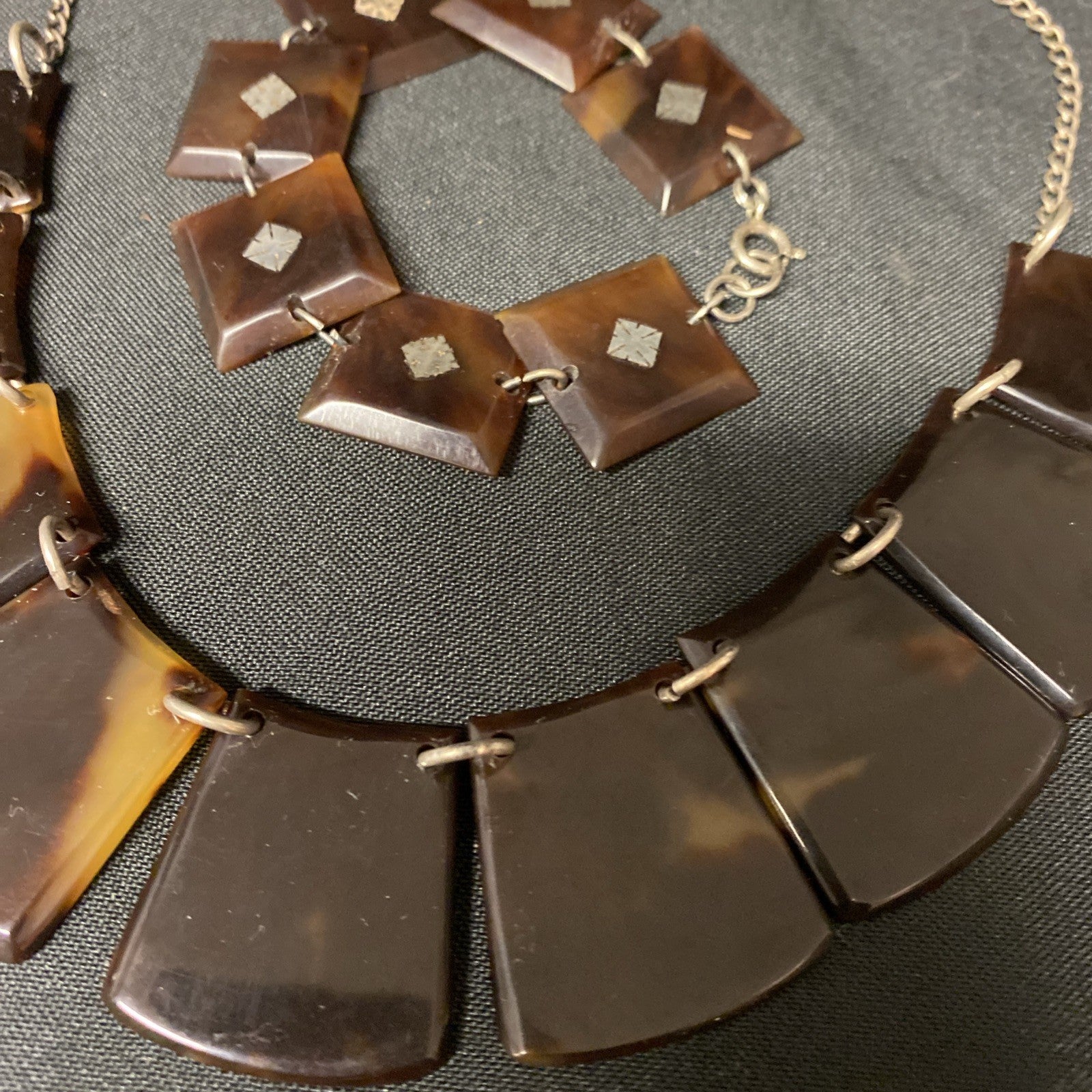 Art Deco 1920's Genuine Tortoiseshell & Silver Necklace and Bracelet - (1672)