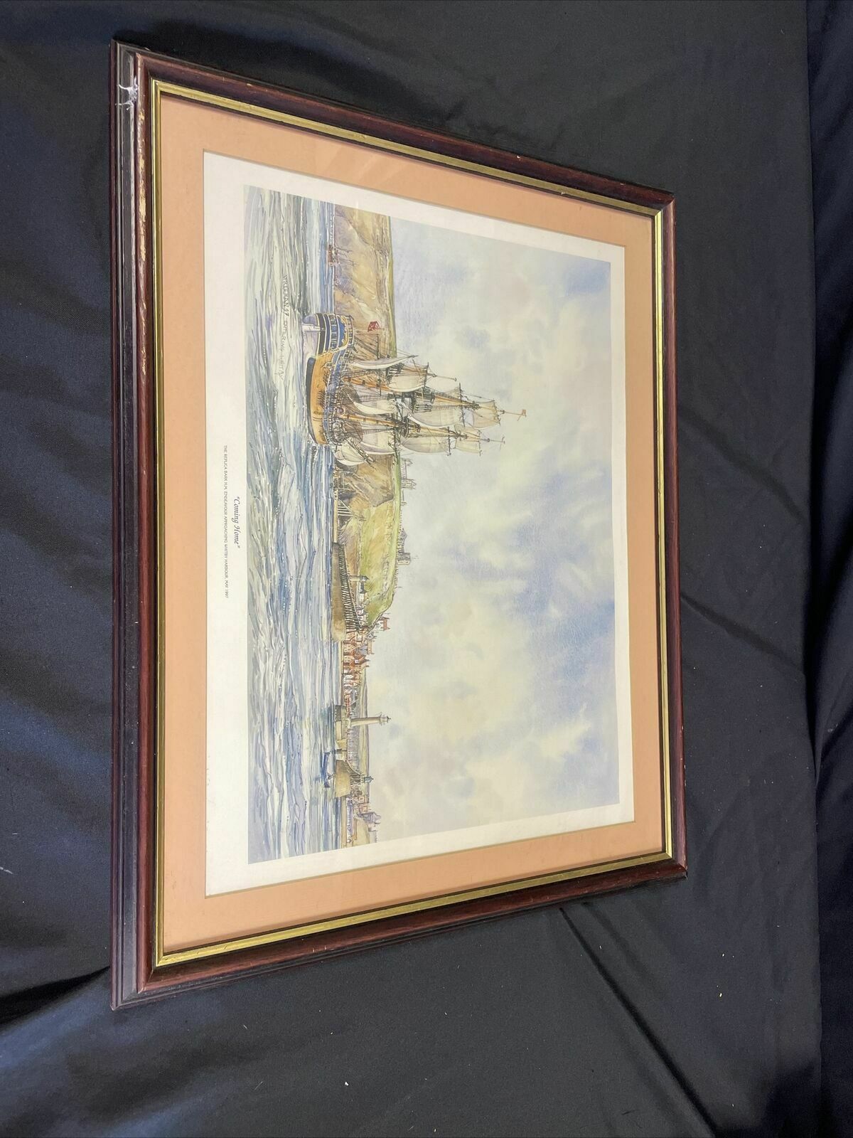 Vintage framed print of H.M Endeavour approaching Whitby 1997 May - (8144)