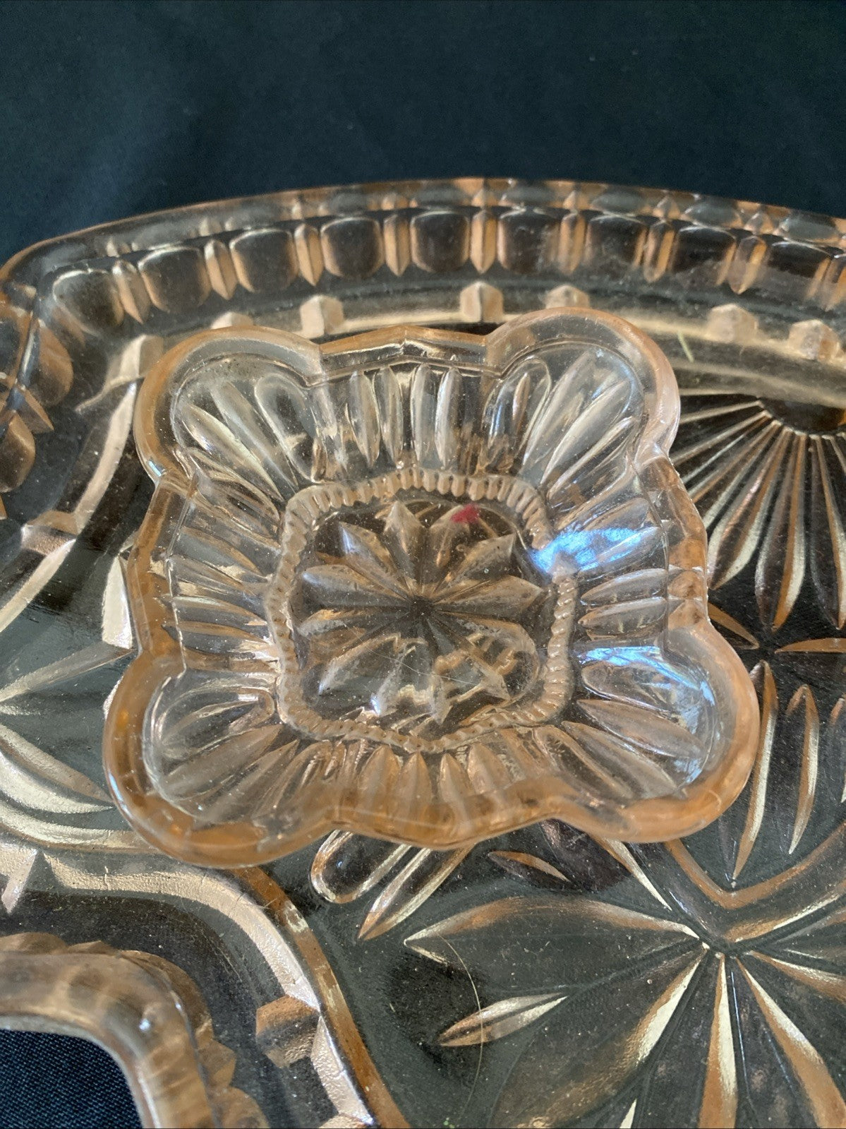 Vintage Pressed Glass Dressing Table Set Pink Tray, Pot, Trinket bowl - (5459)