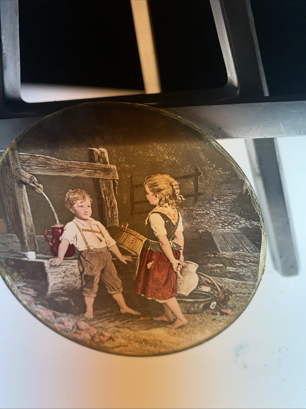 Magic Lantern Victorian Glass Round Handpainted Slide Meeting at the well (1103)