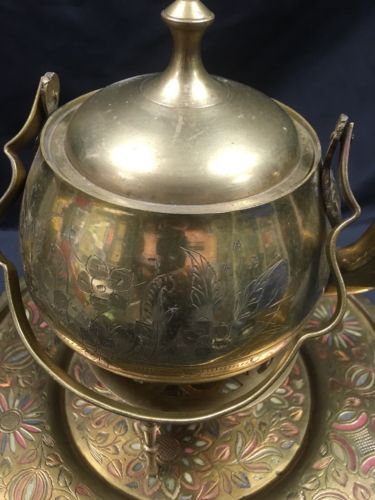Antique brass tray hand coloured design and brass kettle + Trivet - (2790)