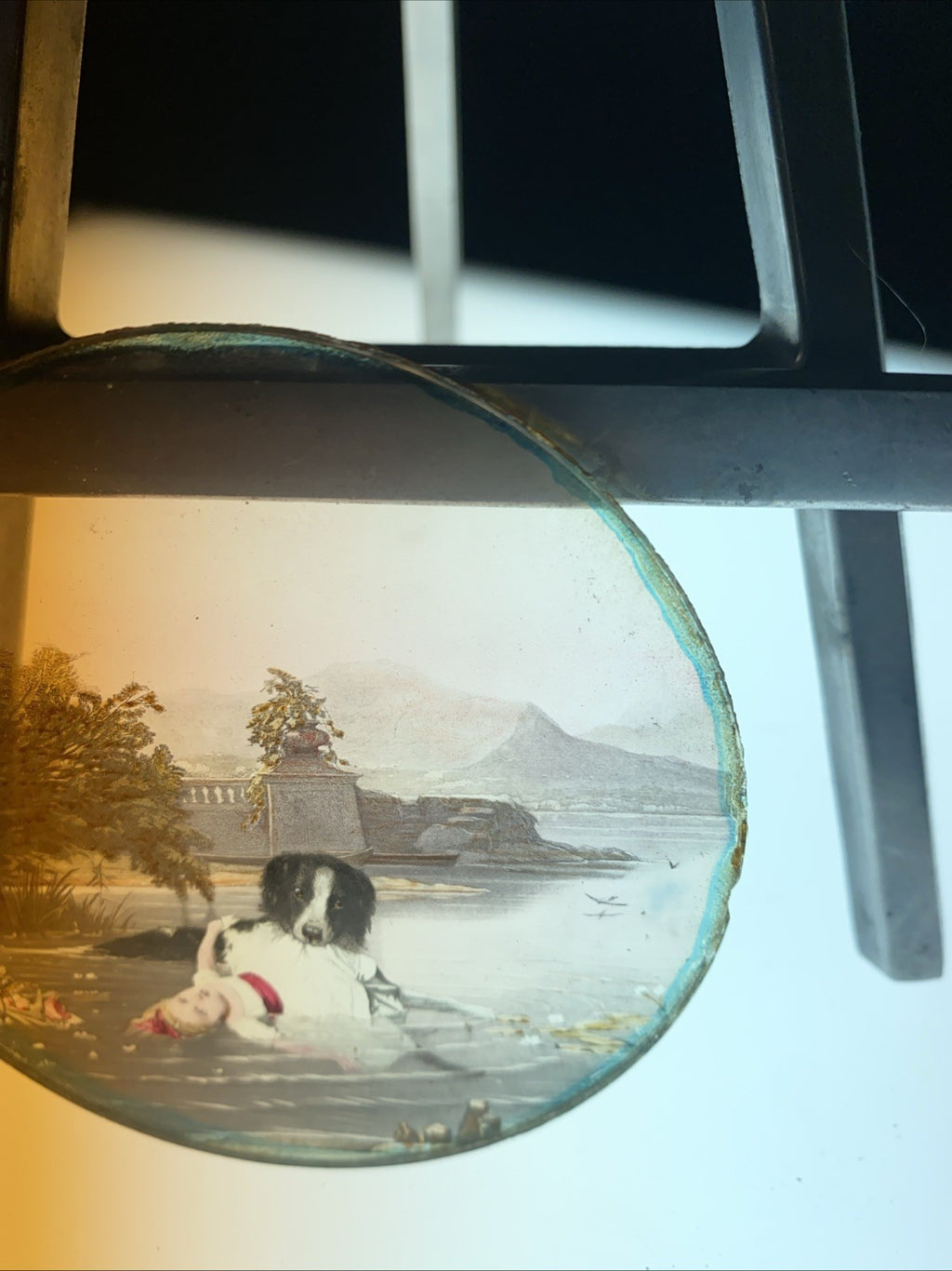 Magic Lantern Victorian Glass Round Handpainted Slide Dog saving girl (1171)