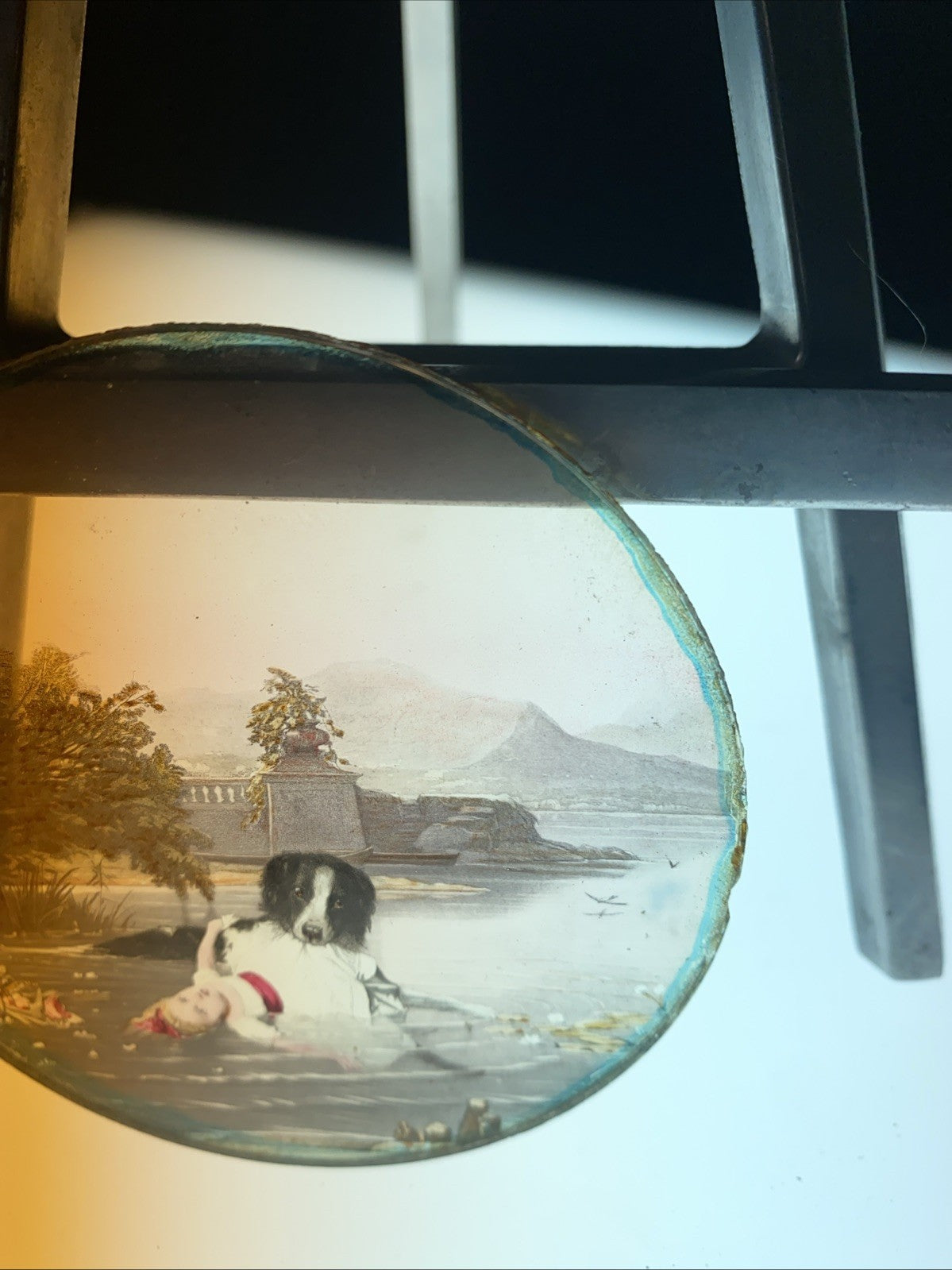 Magic Lantern Victorian Glass Round Handpainted Slide Dog saving girl (1171)
