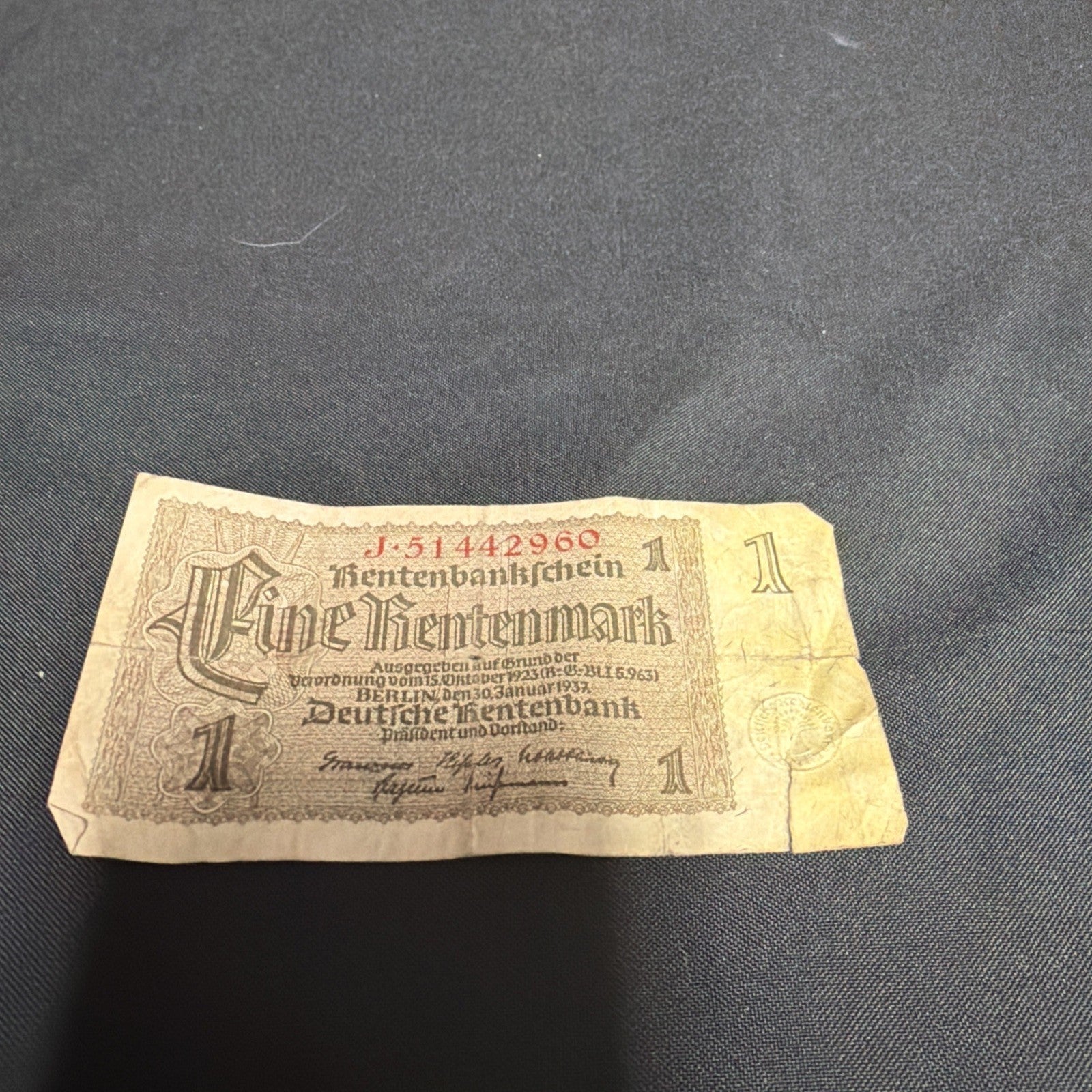 Bank Note Antique 1 Rentenmark Berlin 1937 German Banknote Circulated - (2353)