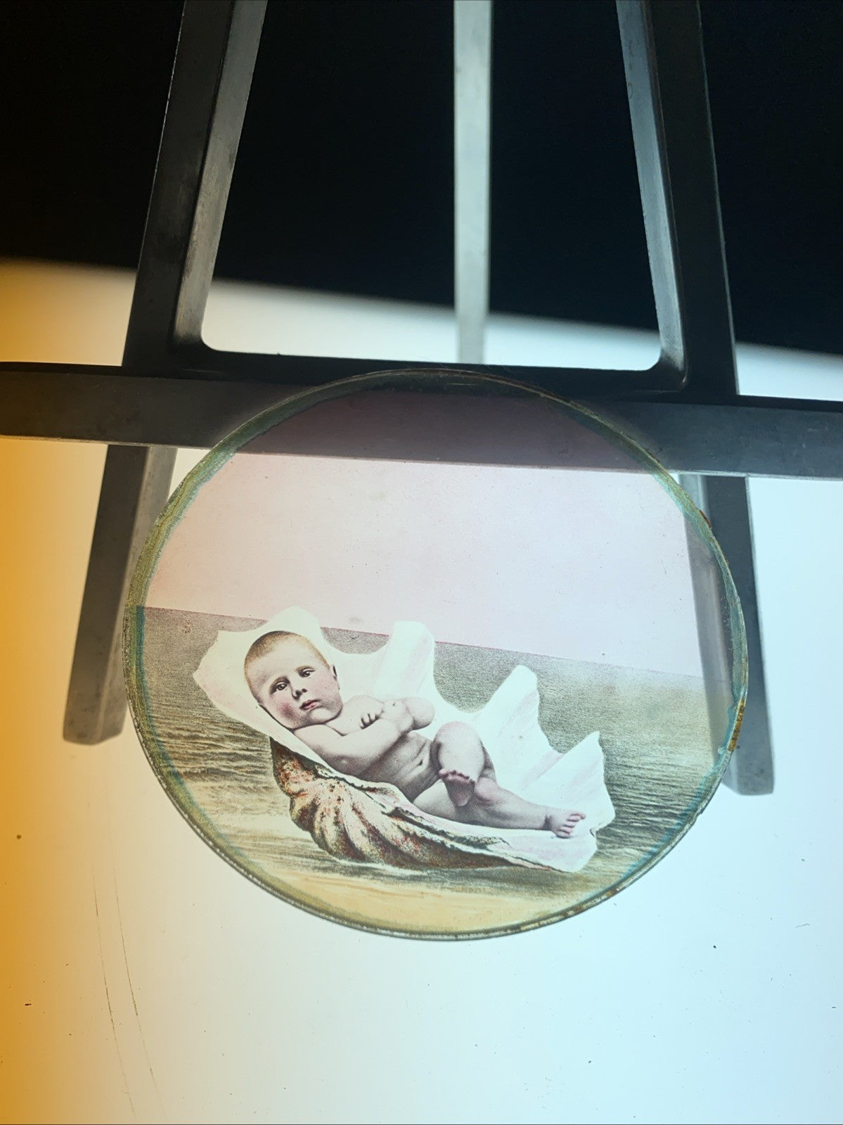 Magic Lantern Victorian Glass Round Handpainted Slide Baby in a shell - (1091)