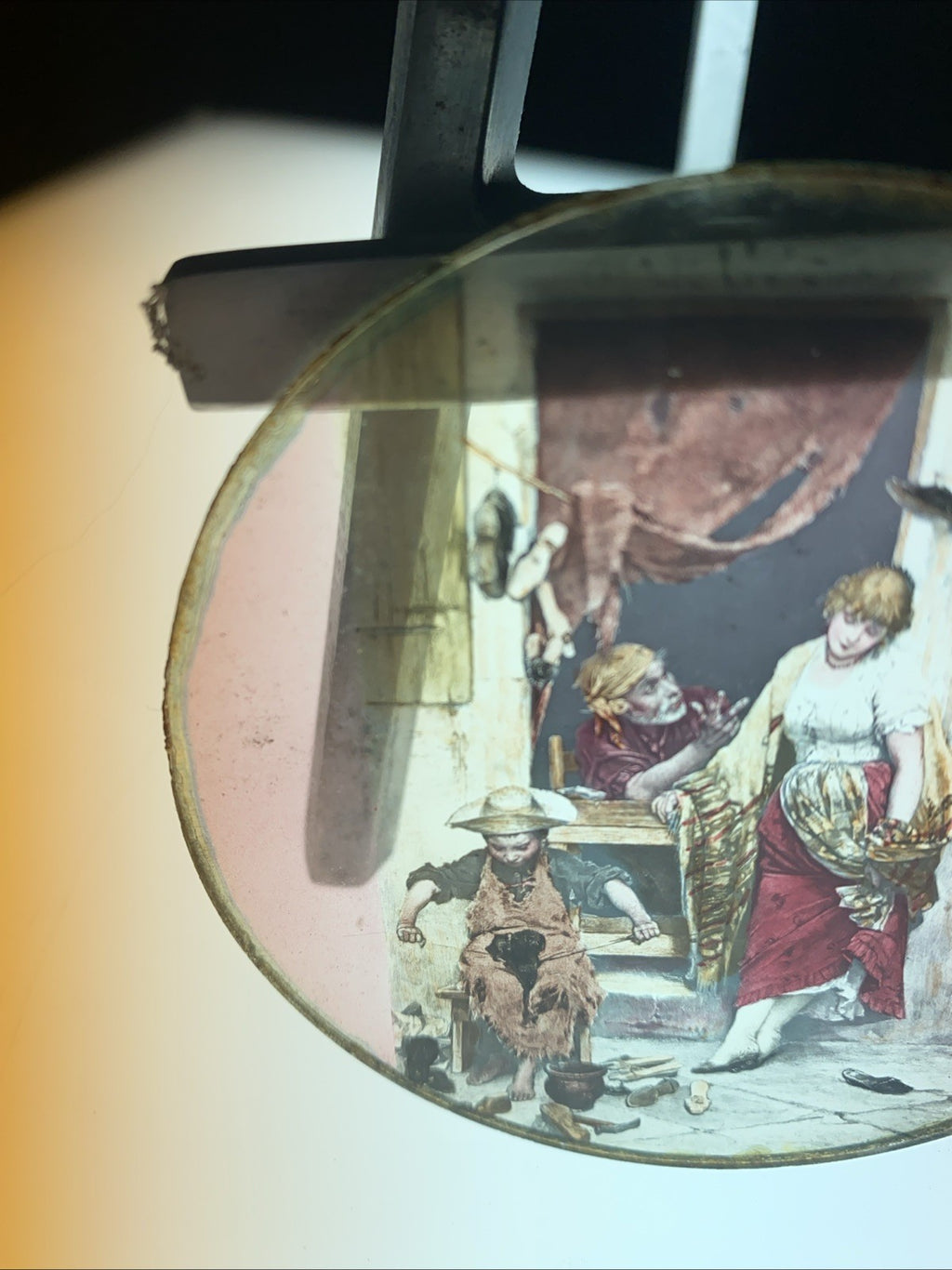 Magic Lantern Victorian Glass Round Handpainted Slide The Cobbler (1158)
