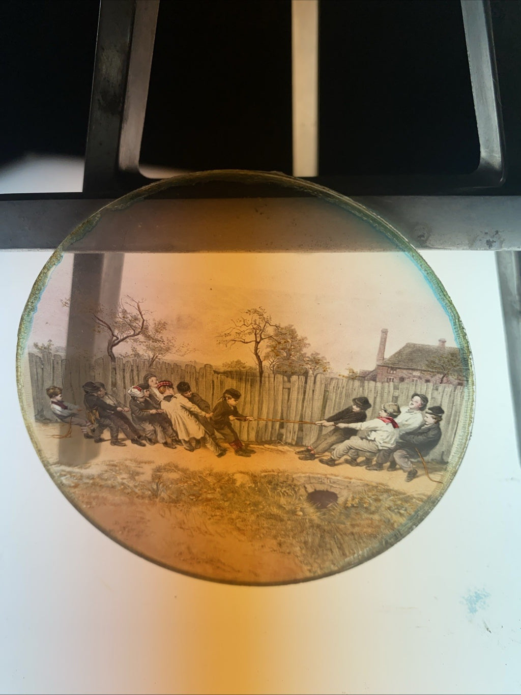 Magic Lantern Victorian Glass Round Handpainted Slide Tug of War (1169)