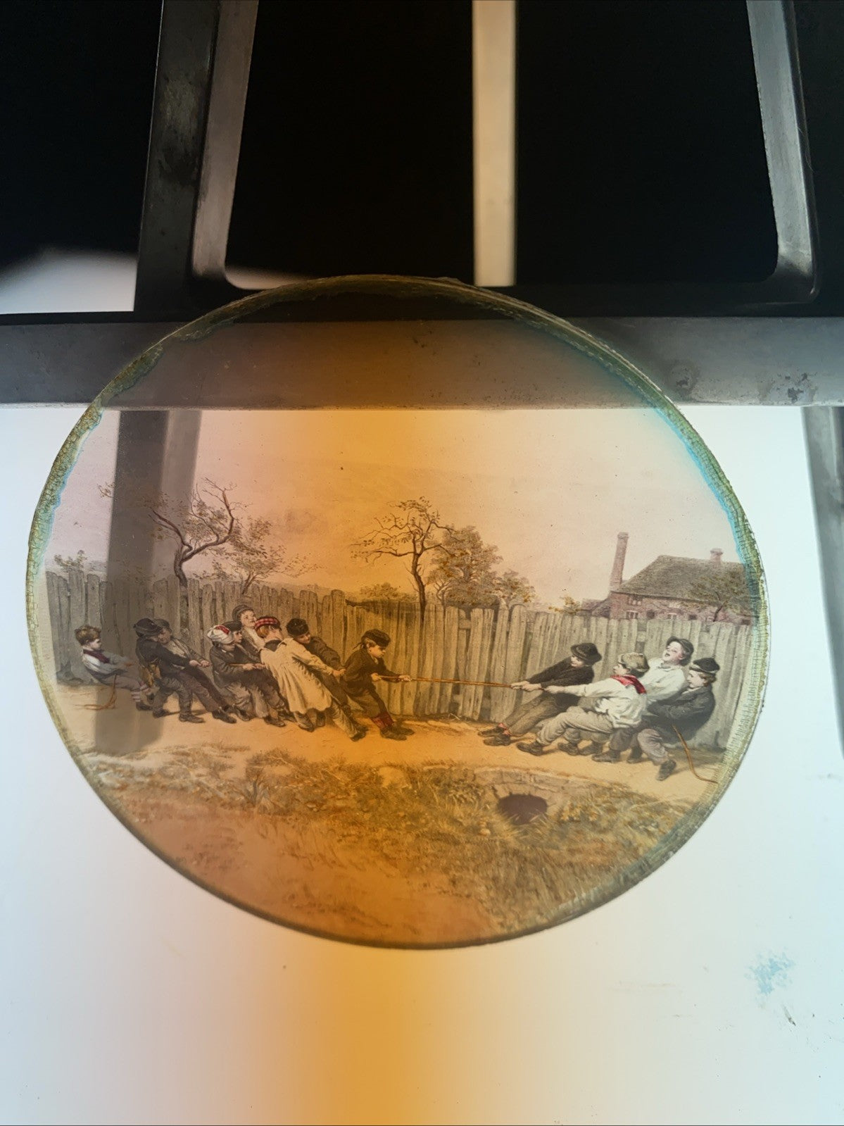 Magic Lantern Victorian Glass Round Handpainted Slide Tug of War (1169)