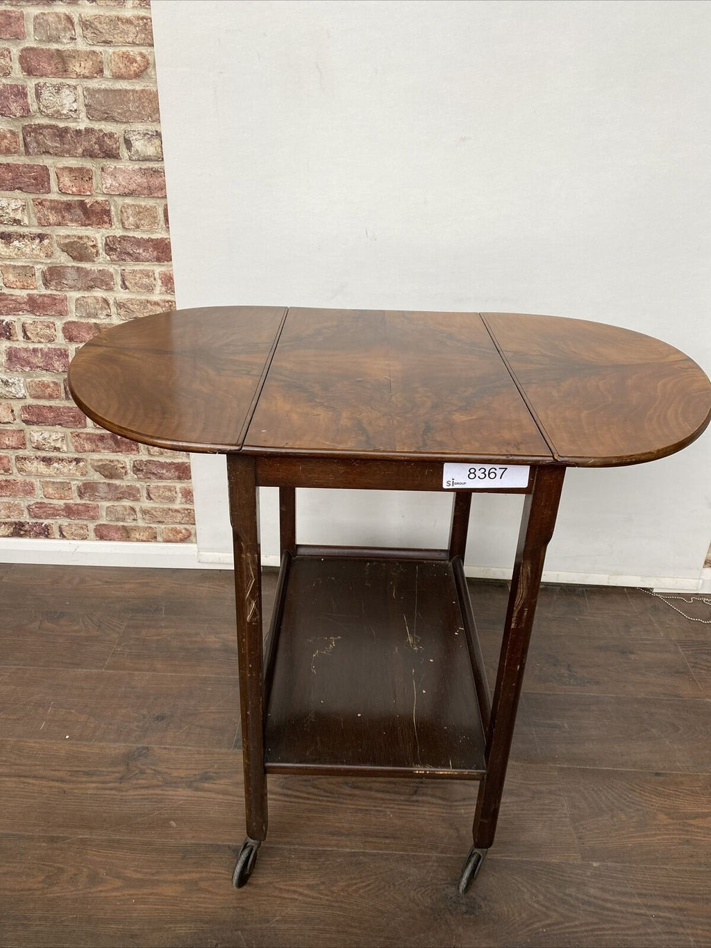 Antique Oak with walnut veneer Serving Trolley - Nice early solid trolley  drop leaf sides (8367