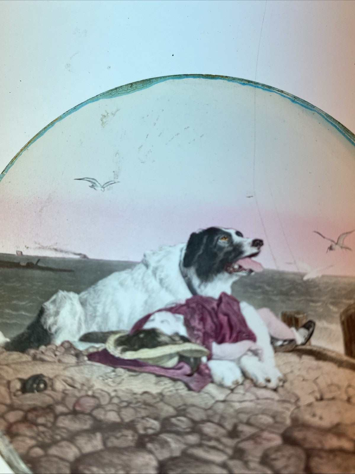 Magic Lantern Victorian Glass Round Handpainted Slide Guardian Dog & Child (1129