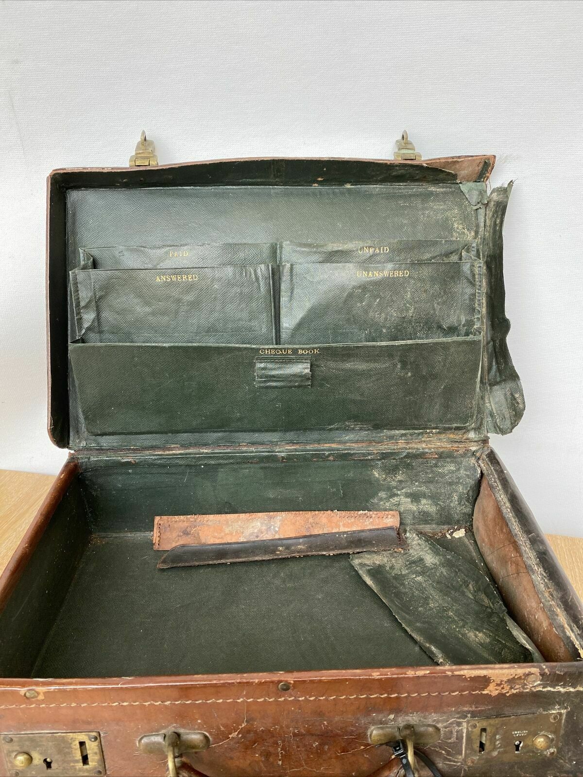 Antique Leather Briefcase- Heavy Leather needs work British made - (8299)