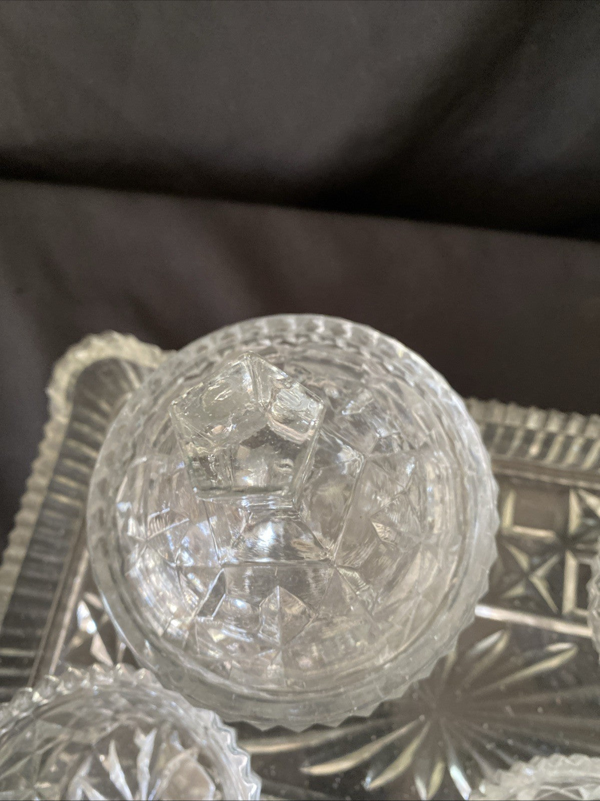 Vintage Pressed Glass Dressing Table Set Clear Tray, Ring Holder, 3 Pots (5457)