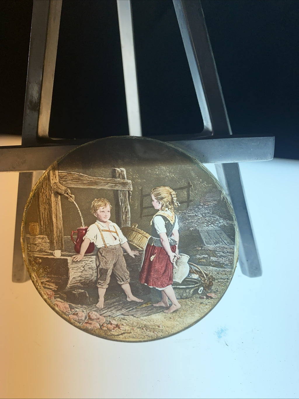 Magic Lantern Victorian Glass Round Handpainted Slide Meeting at the well (1103)