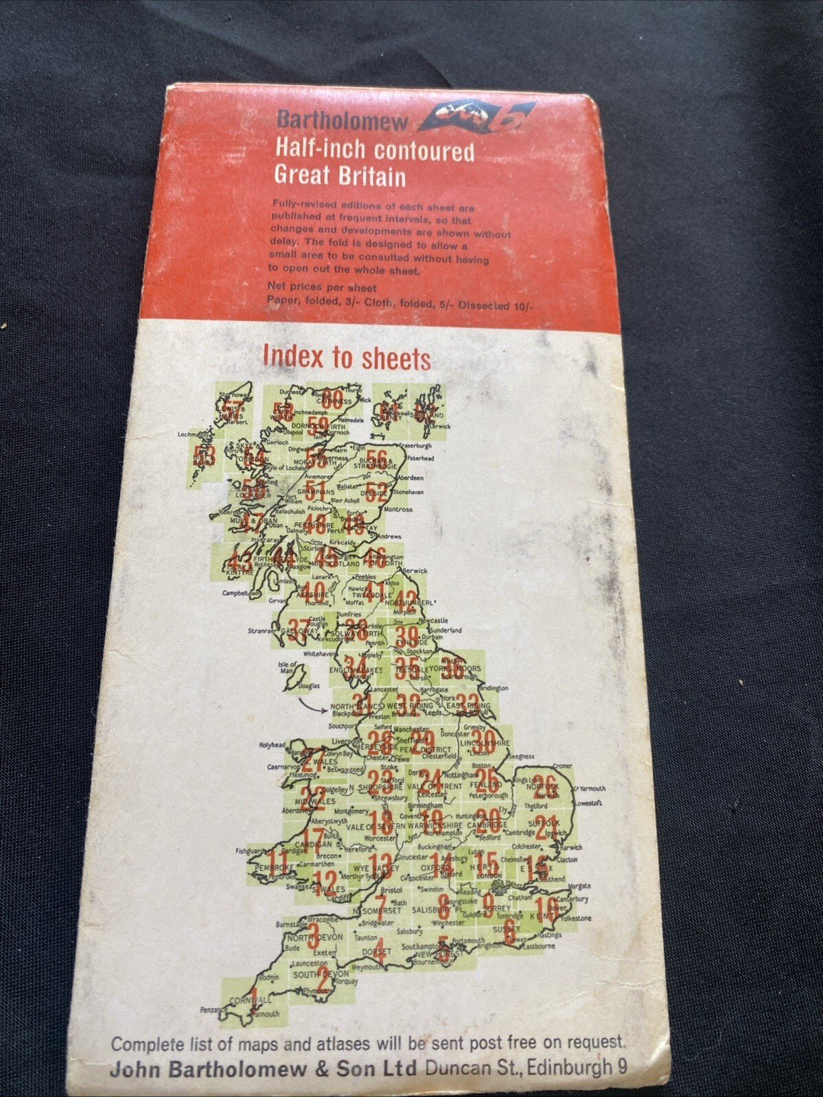 Essex Bartholomew Revised Half Inch contoured Cloth Map #16 (1280)