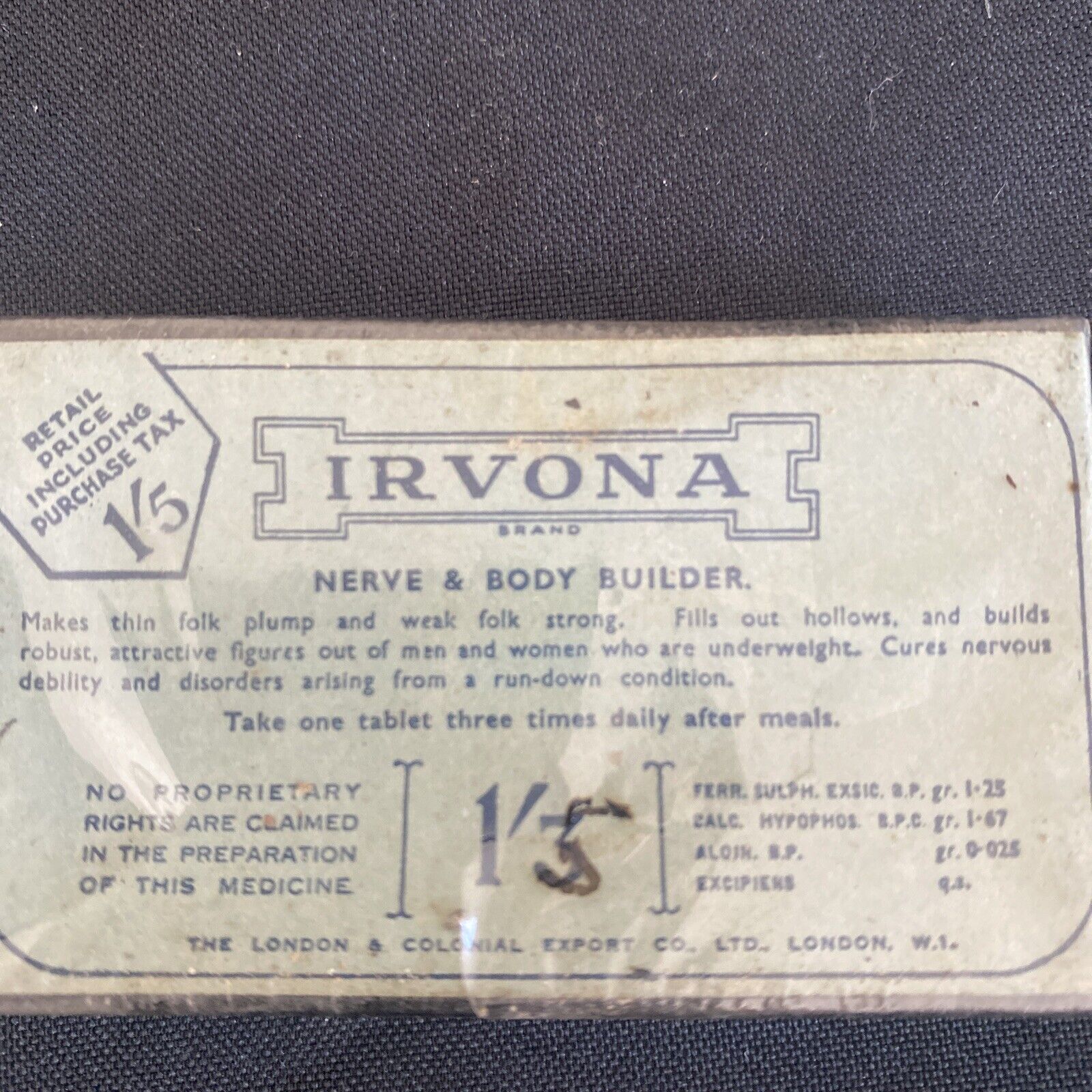 Antique Pharmacy Apothecary Unopened Irvona Nerve & Body Builder London - (9637)