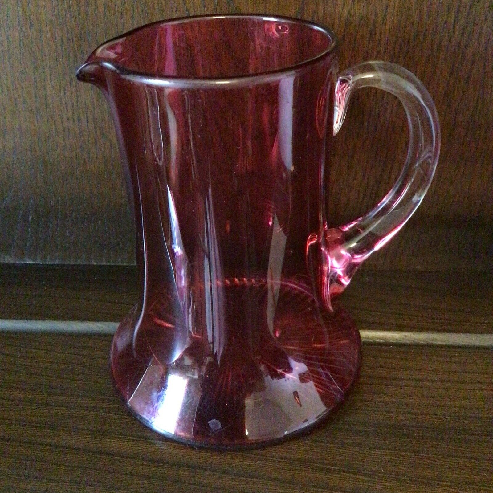 Antique wide bottom Cranberry Glass jug 5.5" high - (9775)