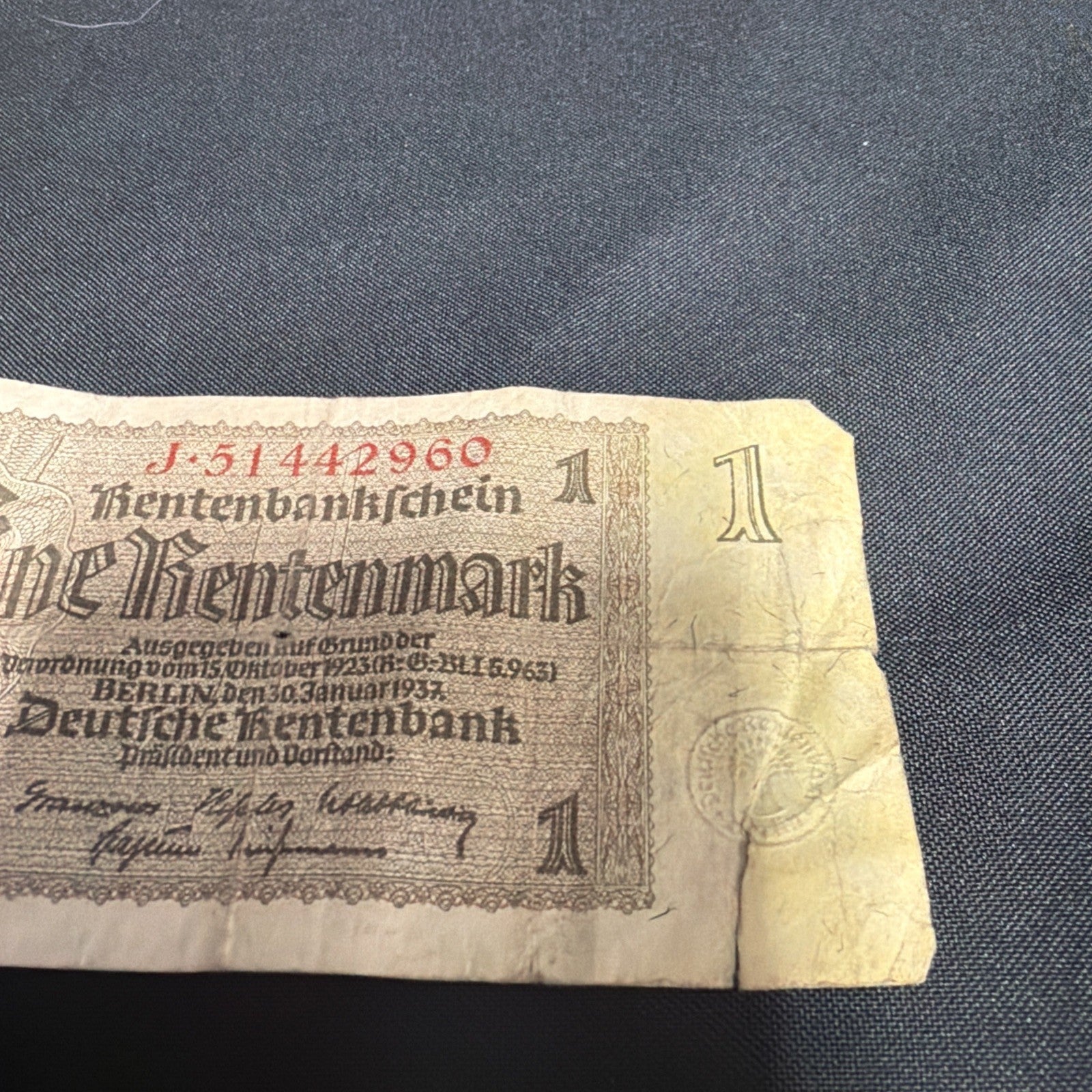 Bank Note Antique 1 Rentenmark Berlin 1937 German Banknote Circulated - (2353)