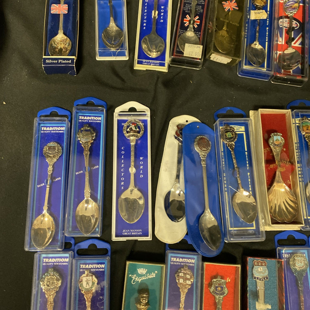 55 Collectable Souvenier Silver Plated Spoons Boxed Some Rare- (1585)